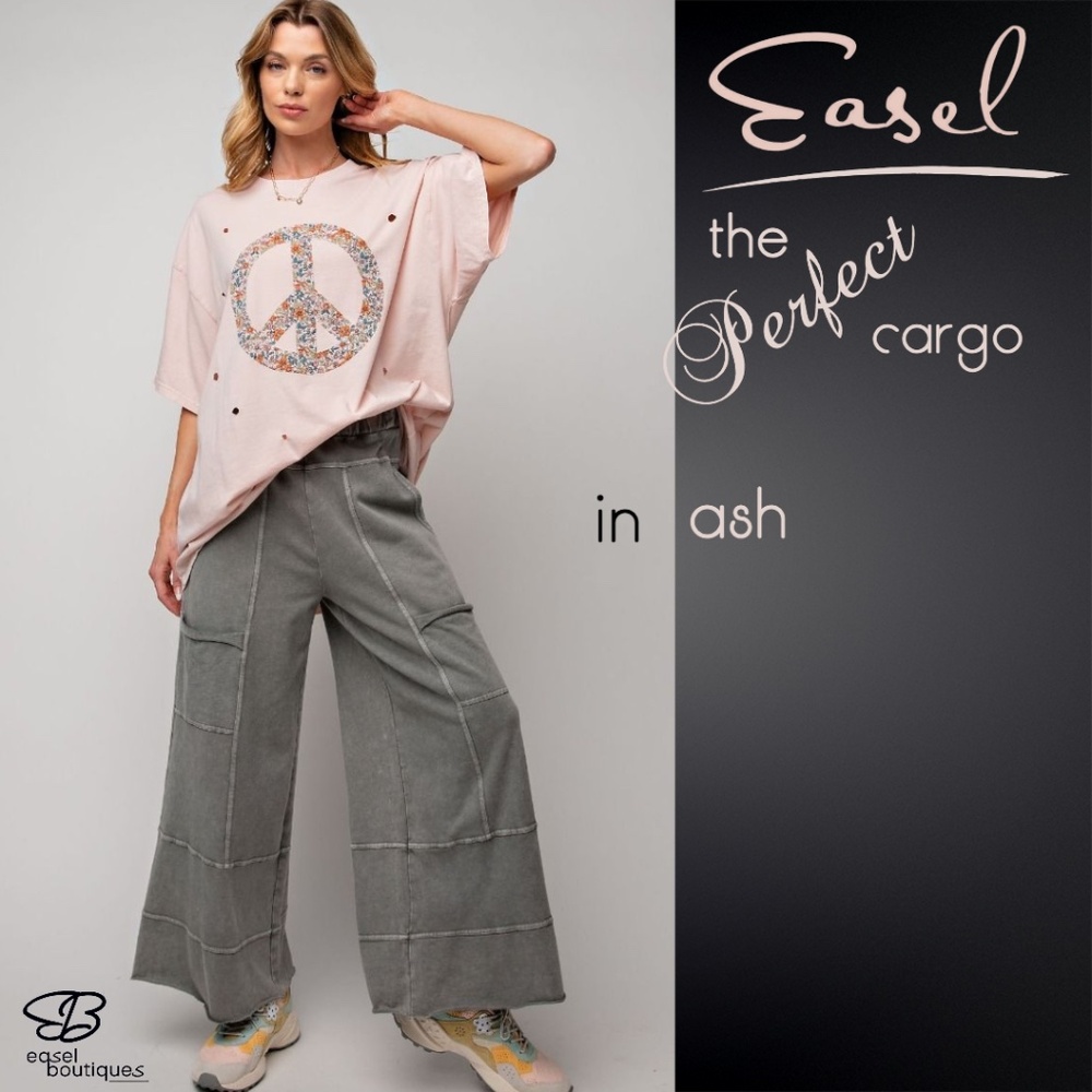 EASEL "Perfect Cargo" Terry Knit Mineral Washed Flared Leg Pants Raw Hem & Seams
